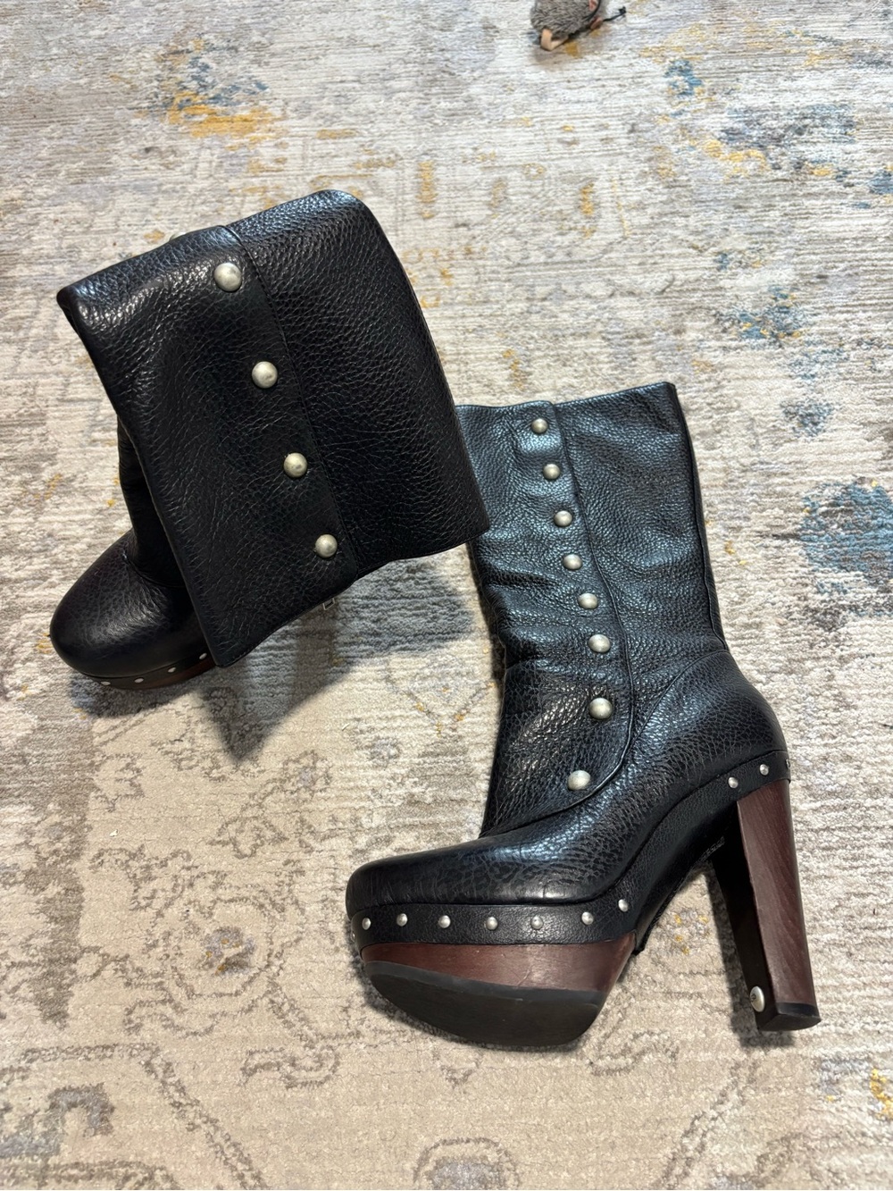 UGG Black Studded Leather Platform Heeled Boots